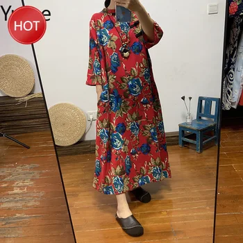 

Women Clothes Long Cotton And Linen Large Color Loose Size Dress Chinese Retro Diagonal Buckle Tea Clothing Autumn dropshipping