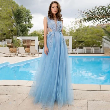 

Verngo A Line Evening Dress Long Elegant Prom Dress Side Slit Party Gowns Blue Formal Dress Vestidos De Fiesta