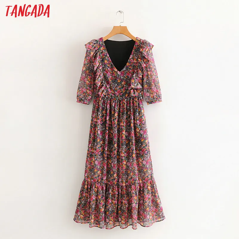 

Tangada women sweet flowers ruffles maxi dress v neck half sleeve ladies vintage 2020 spring Dress Vestidos 2L08
