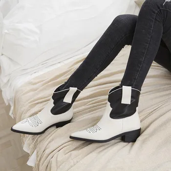 

Soft Genuine Leather Pointed Toe Color Block Thick Heel Boots Shoes Woman 2020 Winter New Embroidered Women Western Boots Shoes