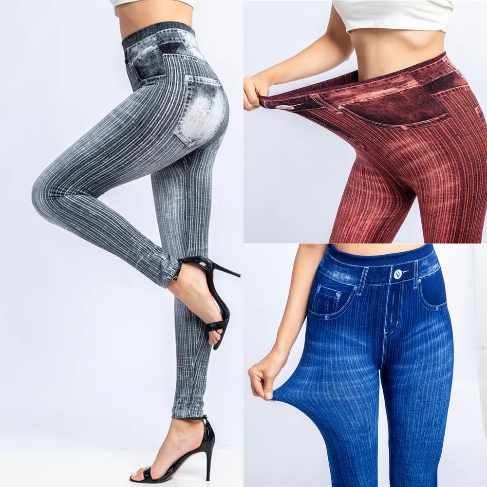 Plus Size 3XL High Waist Faux Denim Jean Leggings Slim Elastic Seamless Skinny Pencil Pant Female Workout Running Leggings tights for women