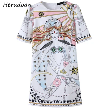 

Herudoan Fashion Runway Summer Elegant Women short Dress Short sleeve Beading Abstract Print Ladies Vintage Mini Dress Vestoidos
