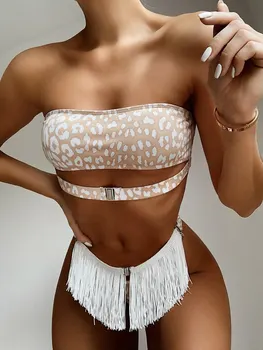 

Leopard Bandeau Women Tassels Bikini Belt Swimsuit Buckle Swimwear High Cut Bathing Suit Brazilian Biquini Sexy Bikinis 2020