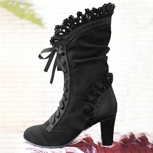 Женские ботинки на высоком каблуке в стиле стимпанк; женские пикантные Кожаные Замшевые ботинки; сезон осень-зима; обувь в винтажном стиле; женские ботинки для костюмированной вечеринки на шнуровке; HVT373 - Цвет: Black