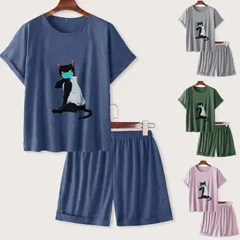 

two piece set women sweatshirt Women's O-neck Cartoon Cat Mask Printed Short Sleeve T-shirt & Shorts Pajama Set ropa de mujer