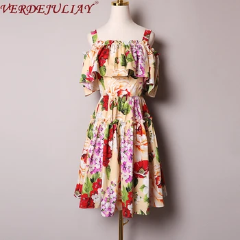 

VERDEJULIAY Milan Fashion Sweet Lady Spaghetti Strap Dresses 2020 Spring Runway Designer Stitching Ruffles Floral Mini Dress