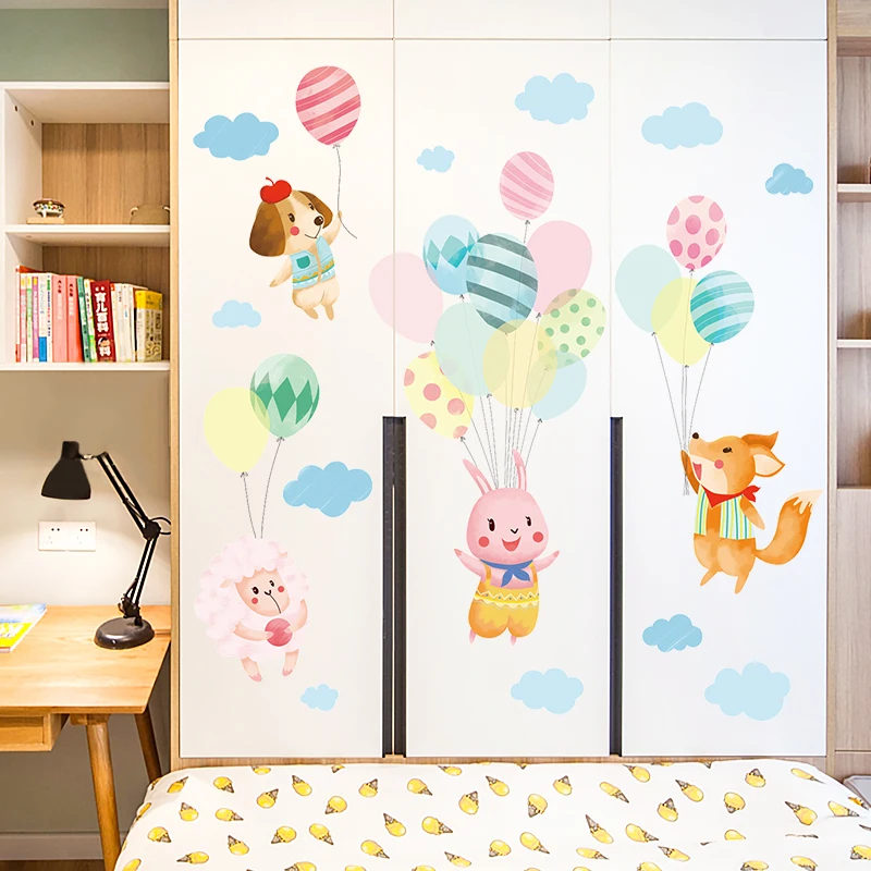 Cartoon Animals Balloon Wall Stickers for Kids room Kindergarten Self-adhesive Decals Eco-friendly Sticker Vinyl Mural | Дом и сад
