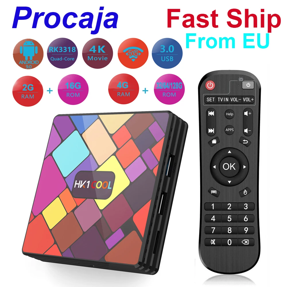 

Procaja HK1COOL Android 9.0 Smart TV Box HK1 COOL Android TV BOX 2G/4G RAM 16G/32G/64G/128G ROM RK3318 Quad Core Set top box