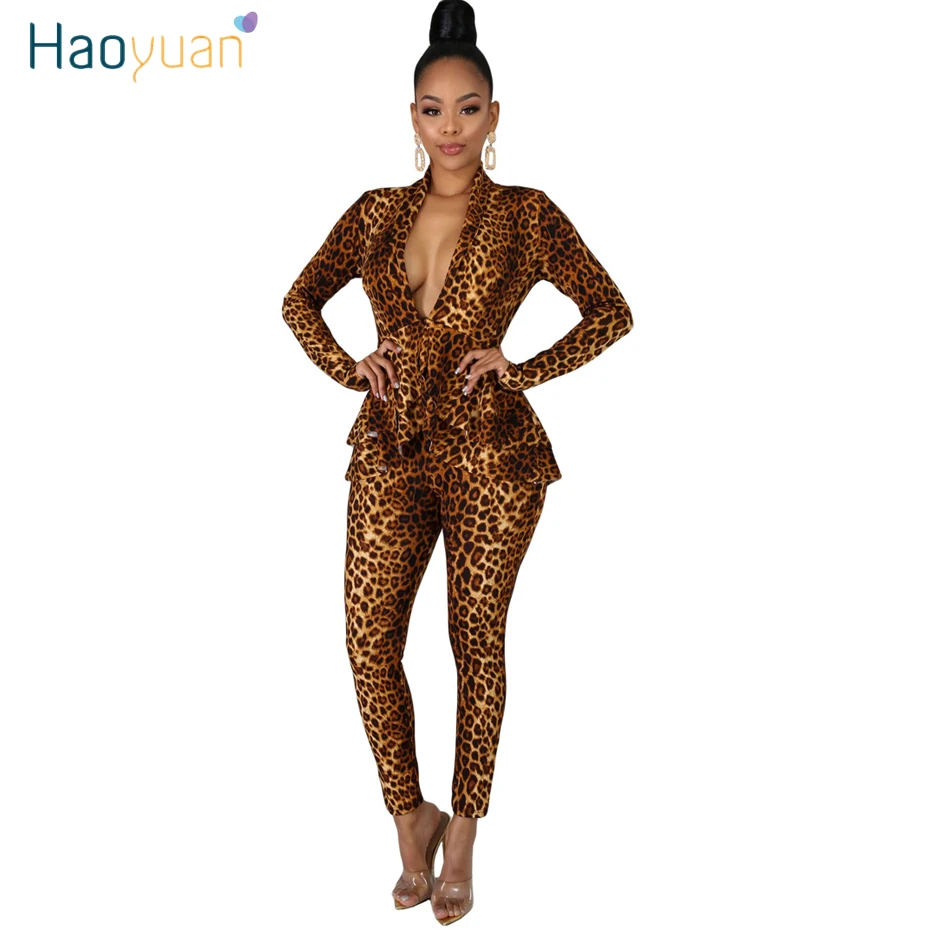 HAOYUAN комплект из двух предметов с леопардовым принтом, женская одежда, плиссированный Блейзер делового костюма, топ и брюки-карандаш, комплект из 2 предметов, Рабочая форма