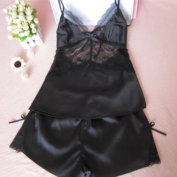 

Women Lace Satin Nightgown Set Sleepwear Ladies Sexy Deep V Neck Lingerie Camis Tops & Shorts Pajama Set