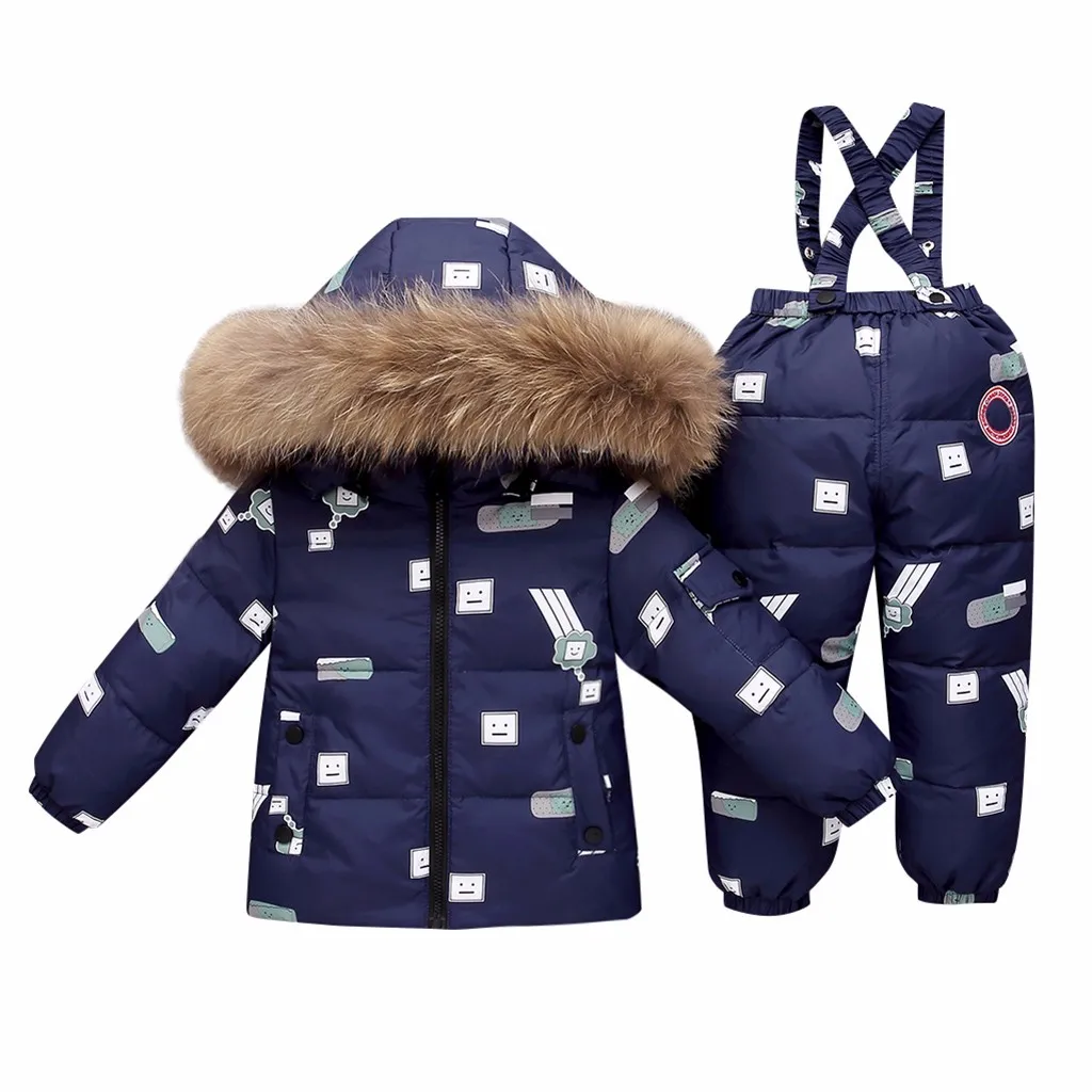 Dark Blue Зимний детский комплект одежды для мальчиков и девочек, теплая парка с искусственным мехом и капюшоном, пуховое пальто с подкладкой, комплект со штанами,# S - Цвет: Dark Blue