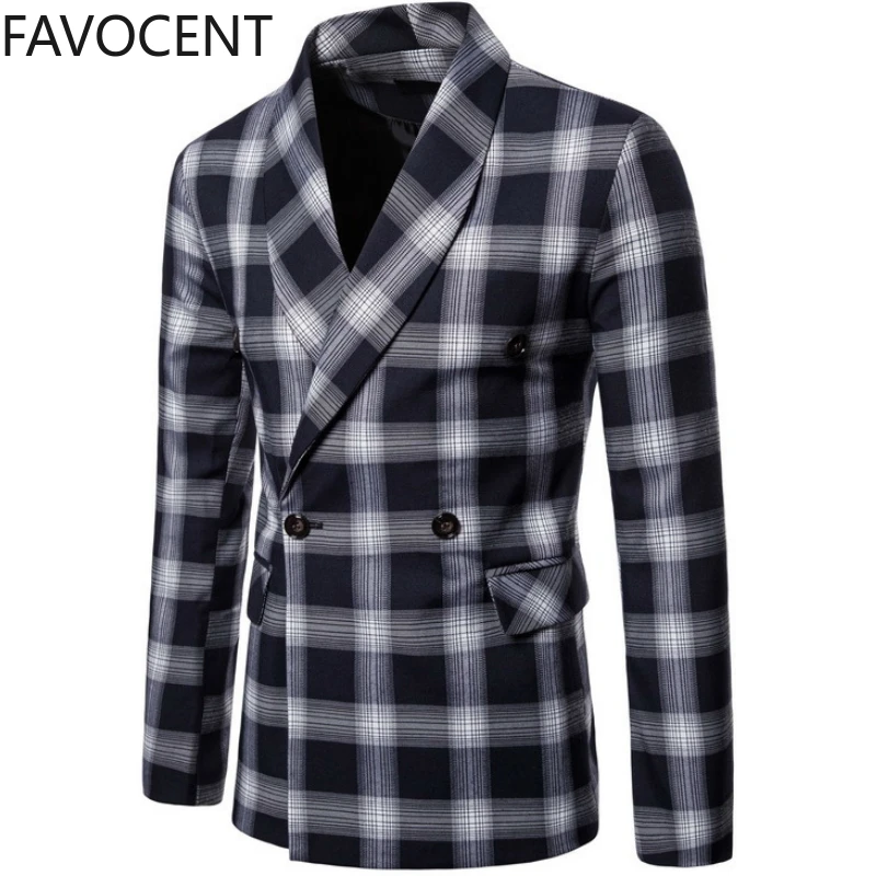 Spring and Autumn New Men's Double-breasted Slim Suit Large Size Casual Plaid Suit Jacket Men's Jacket Smart Casual suit jacket
