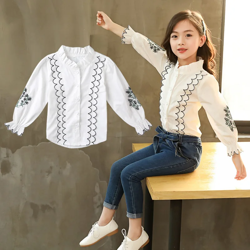 White shirt pants Одежда для девочек весна-осень, дизайн, Модная элегантная рубашка с вышивкой+ модные джинсы Детский костюм из двух предметов - Цвет: White shirt pants