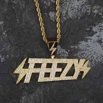 

Hip Hop Micro Paved AAA Cubic Zirconia Bling Ice Out Gold Color Feezy Lightning Pendants Necklace for Men Rapper Jewelry