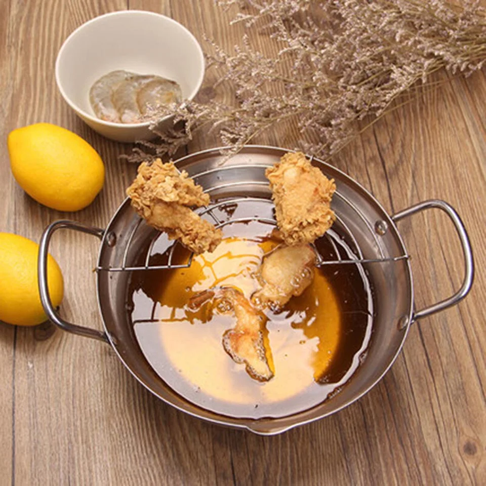 TEENRA Silver Tempura Fryer Pot Japanese Style Potable Frying Pots With Drainer Basket Household Cookware Kitchen Utensils
