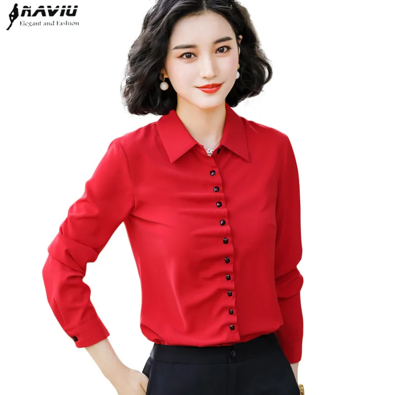 

2019 Autumn new fashion women shirt temperament formal long sleeve slim chiffon blouses office ladies work tops red black