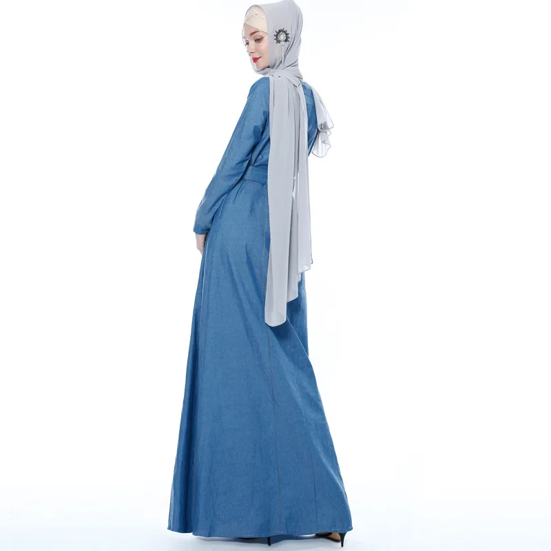 Мусульманское джинсовое Макси-платье abaya длинные халаты с поясом Туника jilбаб Jalabiya Ближний Восток Рамадан Арабский исламский