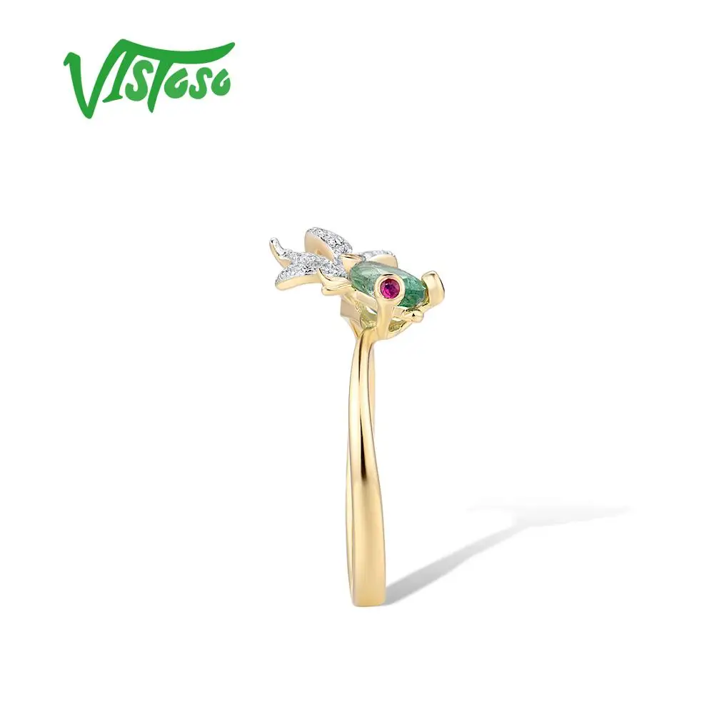 VISTOSO Gold Ring For Woman Genuine 14K 585 Yellow Gold Sparkling Natrual Emerald Ruby Diamond Lovely Fish Trendy Fine Jewelry 3
