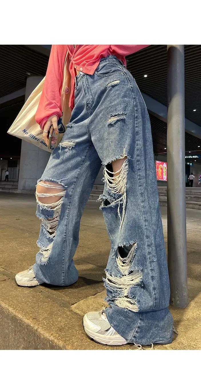 apple bottom jeans Streetwear Straight Pants Ladies Ripped Jeans High Waist Loose Wide Leg Pants Ladies Jeans Y2K Summer Plus Size High Street Jean denim jacket for women