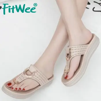 

Fitwee Summer Women Sandals Shoes Fashion Flat Heels Slippers Ladies' Metal Decoration Shoes Women Slip On Footwear Size 35-42