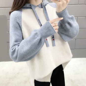 

Women Cute Sweet Women Knitted Sweater Hooded Short Female Sweaters Pullover Patchwork