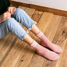 5 пар, женские зимние вязаные носки из искусственной шерсти, двойные полосатые носки средней длины