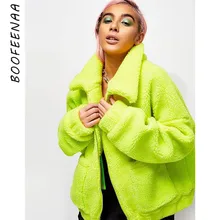 BOOFEENAA неон зеленый большой плюшевый пальто женская уличная молния карман шерсть ягненка пушистая искусственная зимняя куртка с отделкой из меха C54-BD65