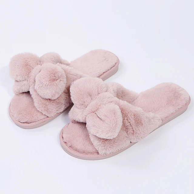 Winter Women House Slippers Faux Fur Fashion Warm Shoes Woman Slip on Flats Female Slides Black Pink cozy home  furry slippers Bow Pink
