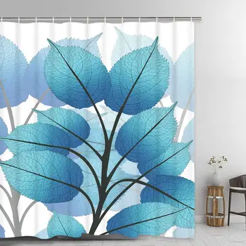 

Blue Leaf Shower Curtain, Leaves Bathroom Shower Curtain with 12 Hooks Waterproof Durable Shower Curtain for Room