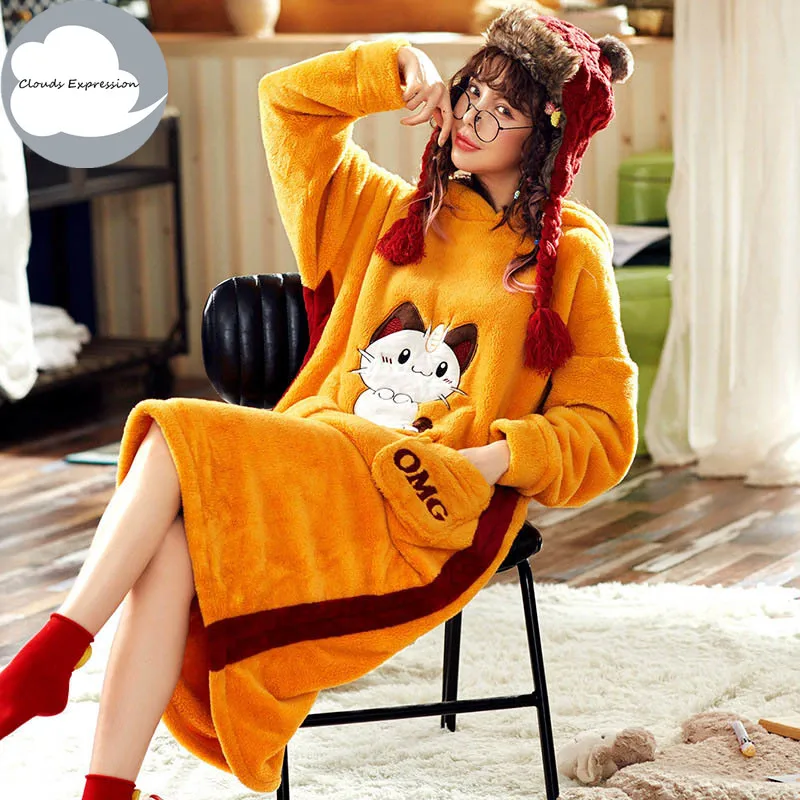Winter Flannel Robe Warm Winter Long Sleeve Nightdress Female Nightgown Sleepwear Animal Cartoon Print Hooded Lounge Homewear