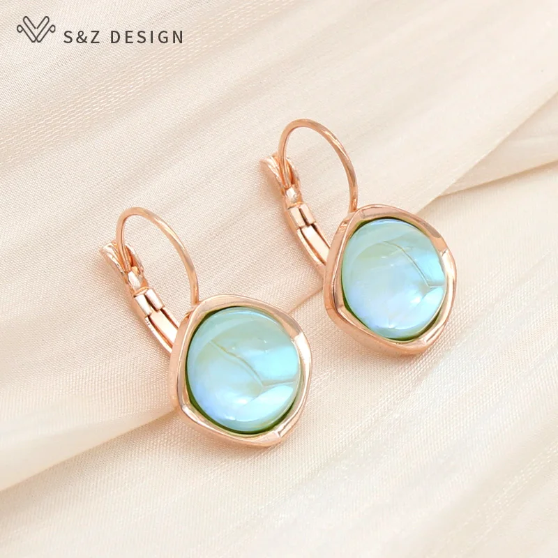 S&Z DESIGN New Fashion Luxury Round Crystal Dangle Earrings For Women Girl Wedding Elegant 585 Rose Gold Color Jewelry