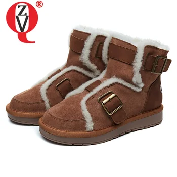 

ZVQ leather wool snow boots brown black ankle boots winter women's flats shoes woman cow suede booties drop shipping