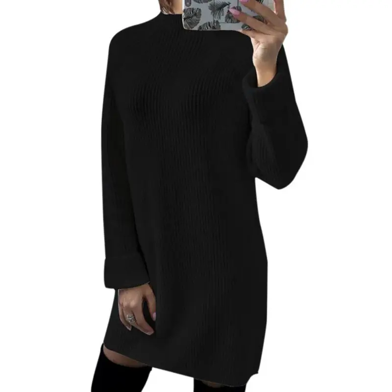 Elegant Women Elastic O Neck Sweater Dress Autumn Long Sleeve Solid Causal Ladies Round Neck Plush  Dresss