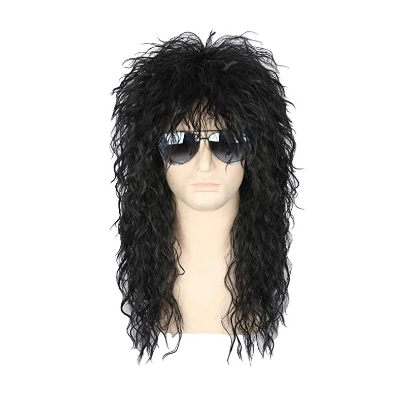 

70s 80s Halloween Costumes Rocking Dude Black Curly Synthetic Hair Wigs Punk Metal Rocker Disco Mullet Cosplay Wig Only