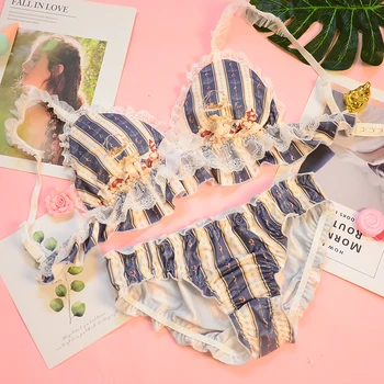 

Sweet Court-style Lolita Striped Lace Trim Bra and Panty Set Milk Silk Girl Japanese Comfortable Ruffles Bra Set