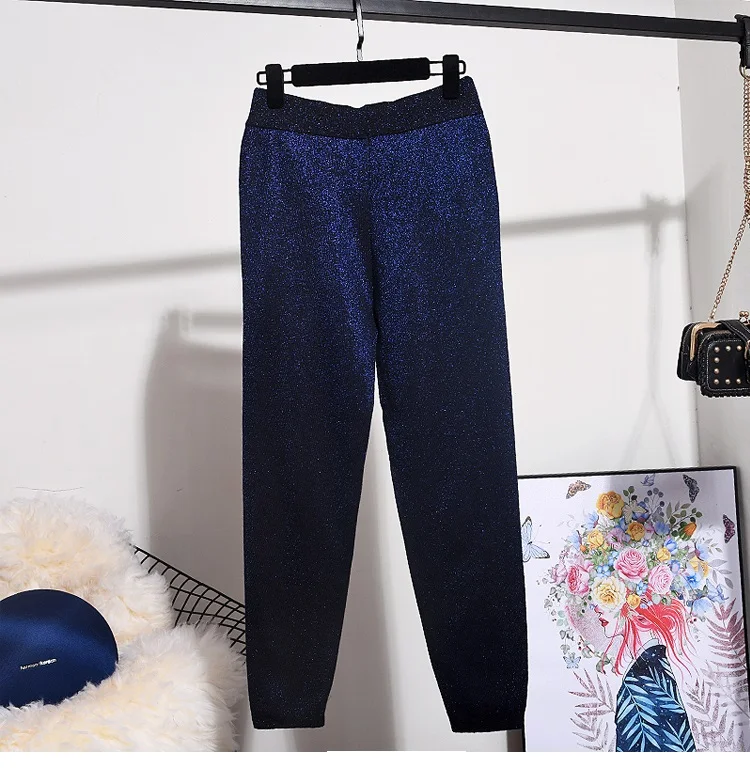 Bling 2 Pcs set Sweater Women Stand Collar Knitted Top+Pencil Pants Suit Women's Set Clothing sueter mujer invierno