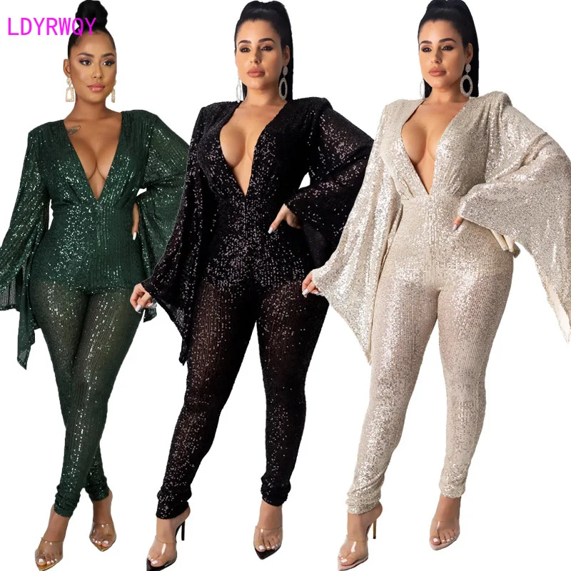 

2019 autumn and winter new European and American women's sexy sequins deep V-neck trumpet sleeves slim bodysuit