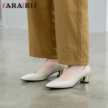 

SARAIRIS High Chunky Heels Ol Pumps Women Pointed Toe Dress Pumps Ladies Soft All Genuine Leather Shoes