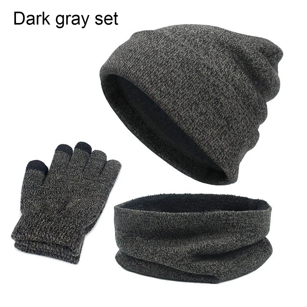 Dark gray set Зимние теплые шапки и шарфа перчатки Комплект для женщин и мужчин Модная, вязаная Лыжная Шапочка Кепки Флисовый Шарф шею Сенсорный экран перчатки - Цвет: Dark gray set