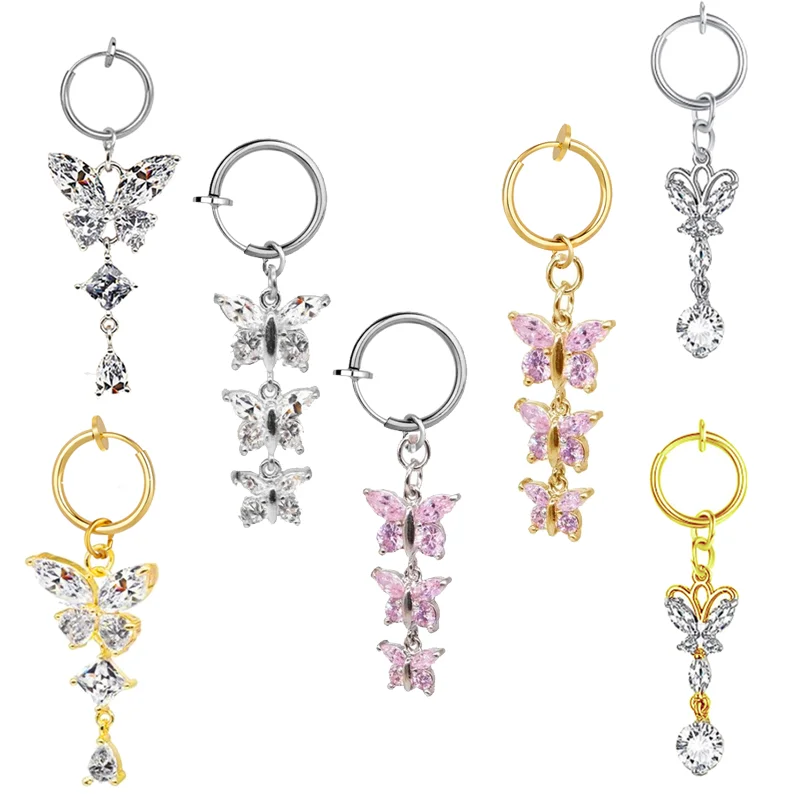 3 Piercings Nombril Acier Chirurgical - Styles Diamant, Papillon, Cœur, Pour Femme, 4 Cm - 9