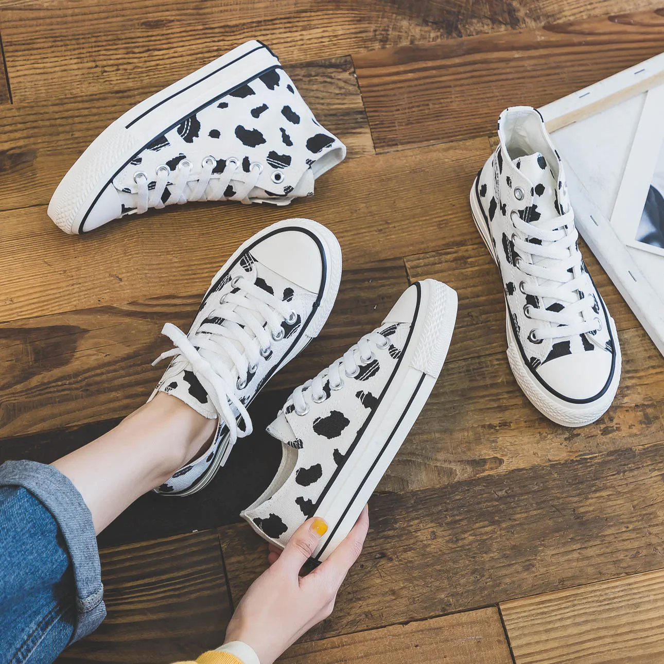 Canvas Shoes Women Sneakers Cow-Print Fashion Lace-Up Flat-Heel Girl Low-High Animal-Character