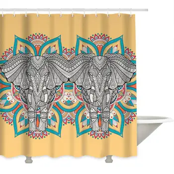 

Bathroom Shower Curtains Exotic Elephant and Mandala Pattern Waterproof Polyester Fabric Bath Curtain Set with Hooks