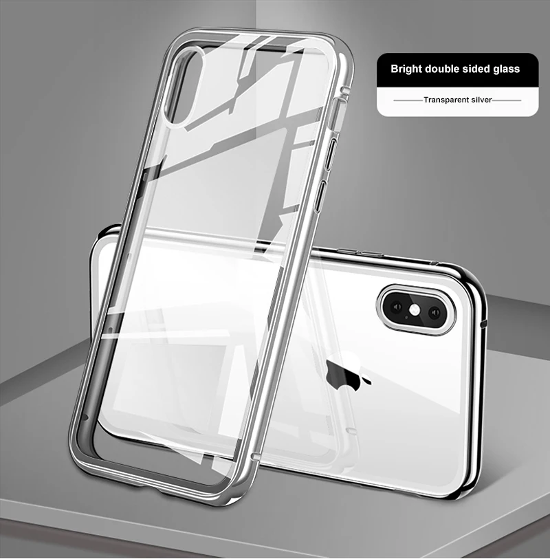 Магнитный чехол для Iphone XS MAX XR X XS 78 6 6S plus Адсорбция магнитного металла двойное закаленное стекло чехол - Цвет: Серебристый