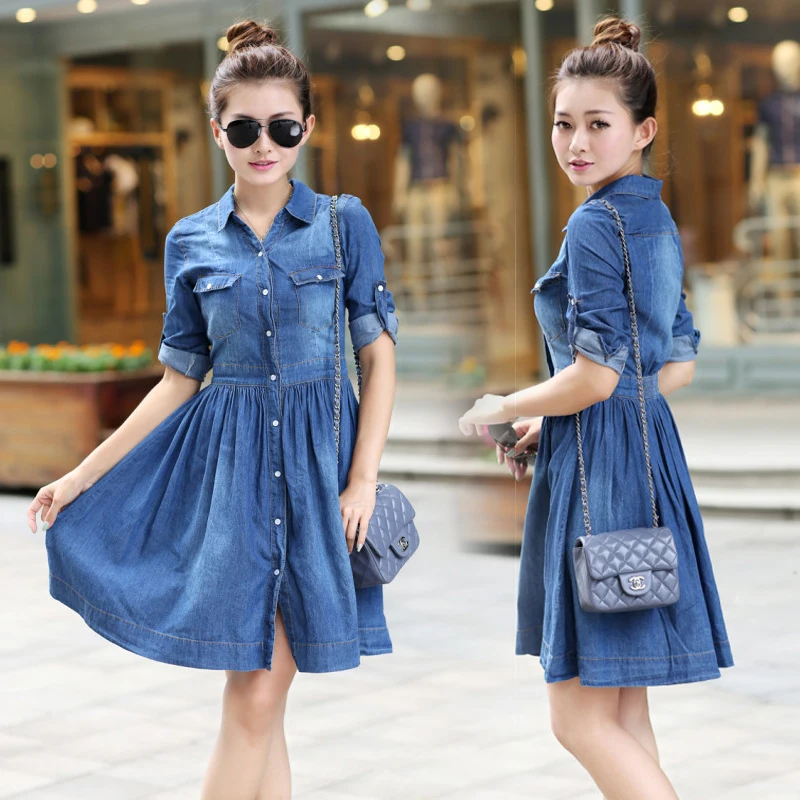 denim blue color Новинка весна лето мода плюс размер женское Синее джинсовое платье стройнящее женское повседневное джинсовое платье S-XXXXL - Цвет: denim blue color