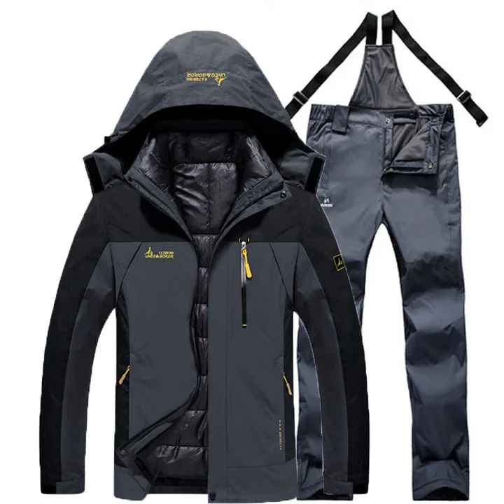 Более размера d мужские зимние водонепроницаемые треккинговые походные лагеря лыжные ползунки теплые хлопковые уличные куртки больших размеров брюки костюм съемный - Цвет: Gray Gray Suit