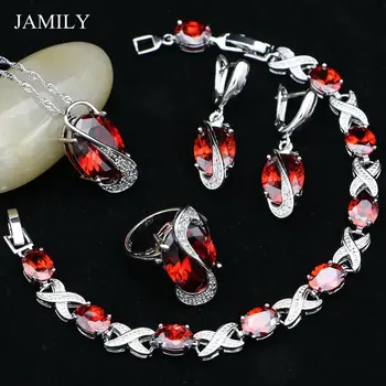 

JAMILY 925 Sterling Silver Jewelry Sets For Women Natural Red Stone Earrings Pendant Ring Necklace Bracelet Wedding Jewellery