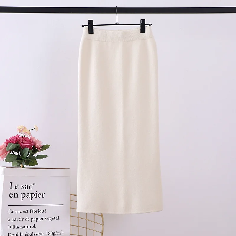 60-90CM Elastic Band Women Skirts Autumn Winter Warm Knitted Straight Skirt Ribbed Ribbed Mid-Long Skirt Black - Цвет: E