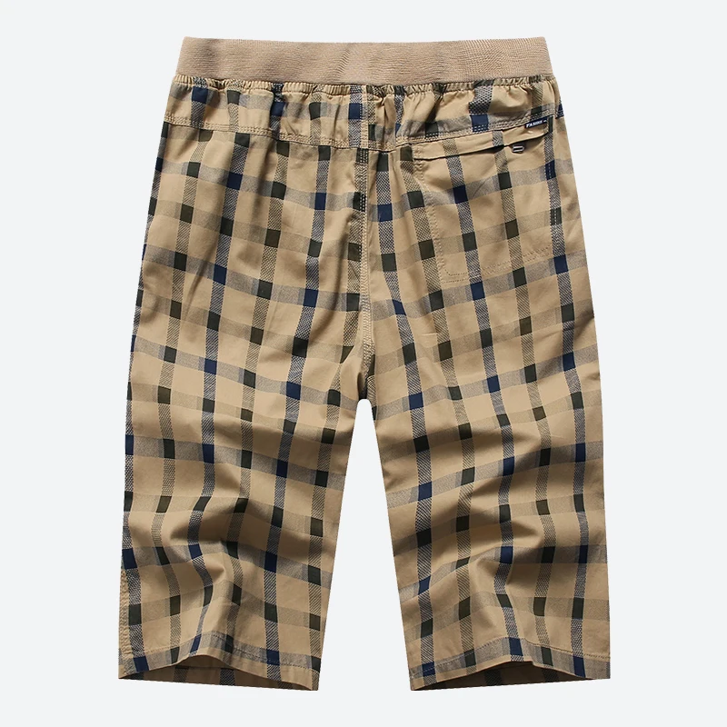 Long Shorts Men Plaid Capris Cotton Summer 3/4 Length Trousers Back Zipper Pocket Bermuda Male Vogue Elastic Waist Breeches Men