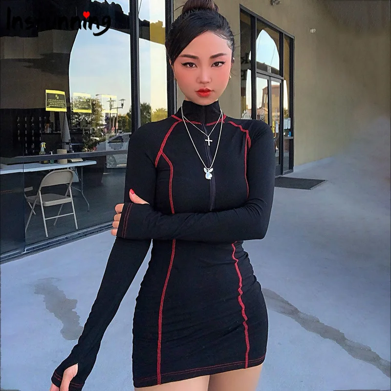 

Instunning Turtleneck Long Sleeve Dress Women Autumn Patchwork Zipper Sexy Skinny Bodycon Casual Party Streetwear Mini Dress New