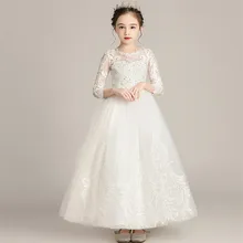 Детское Сетчатое платье белого цвета с вышитыми цветами для девочек на день рождения, свадьбу, вечеринку; элегантная одежда для детей и подростков